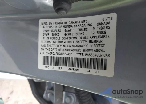 2018 Honda Civic Ex z USA, uszkodzony, nr VIN 2HGFC2F86JH527467